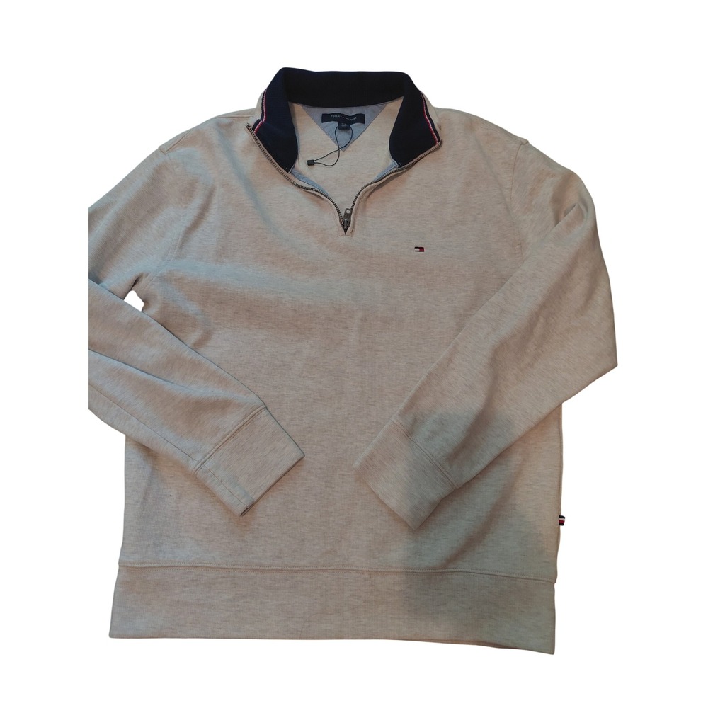 Tommy Hilfiger Mens Quarter Zip Pullover Sweater Oatmeal Heather Gray Small
